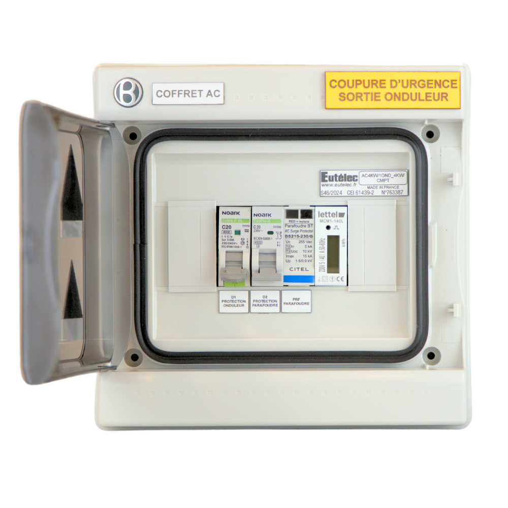 Eutelec - Coffret de protection AC 3/4kW 20A avec parafoudre T2 et compteur d'énergie - monophasé 