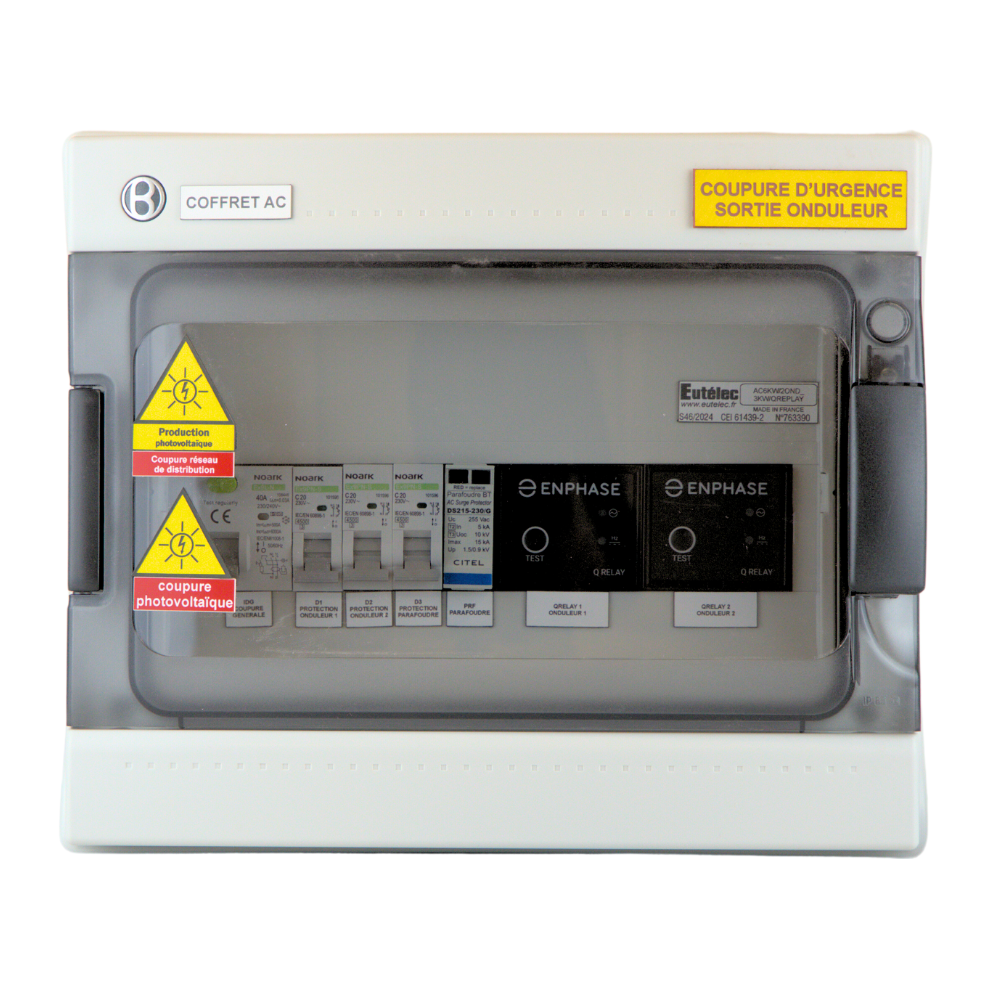 Eutelec - Coffret de protection AC 6kW - 2x20A - avec parafoudre et Q-Relay's - monophasé